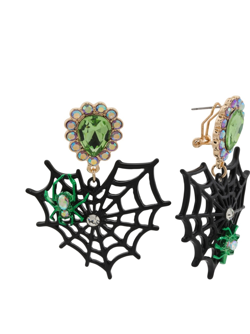 Betsey Johnson Green Crystal Spider Web Drop Earrings with Iridescent Accents